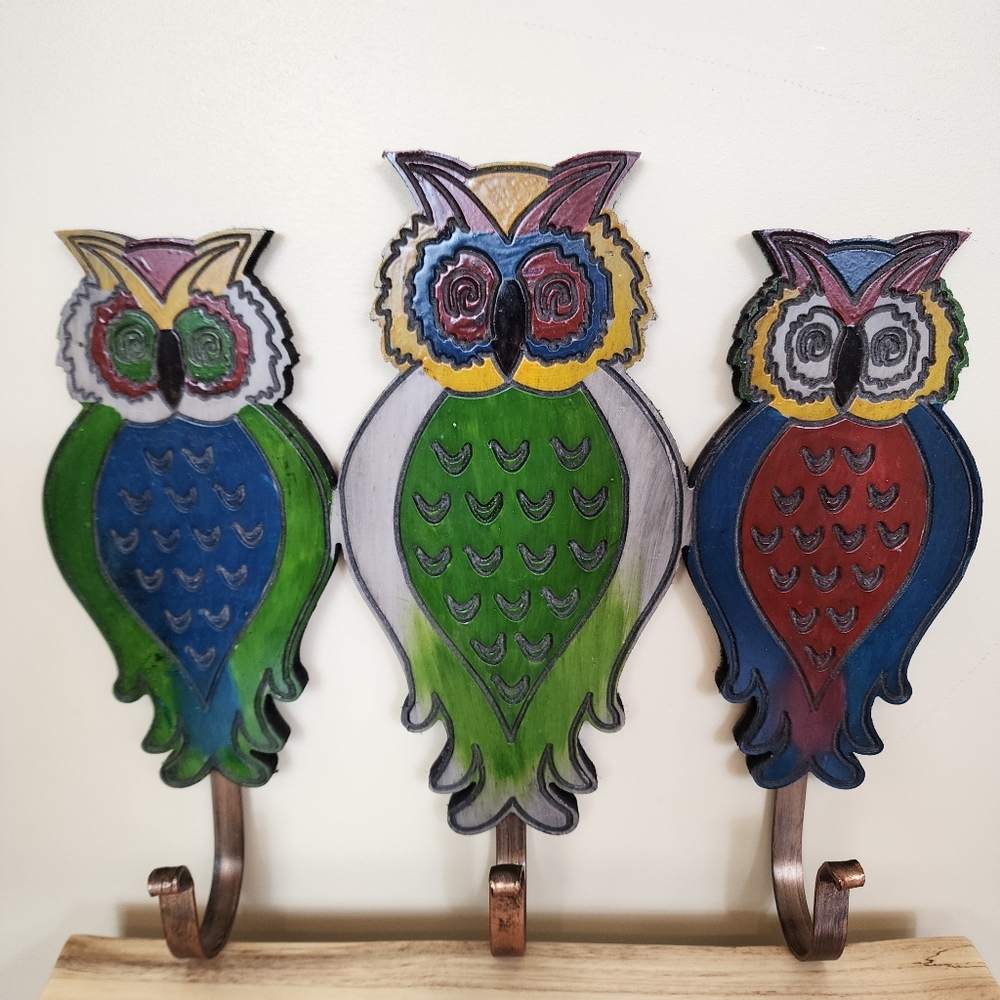 Large Triple Owl Wall Hook Multicolored Hand-painted Owls Cottagecore